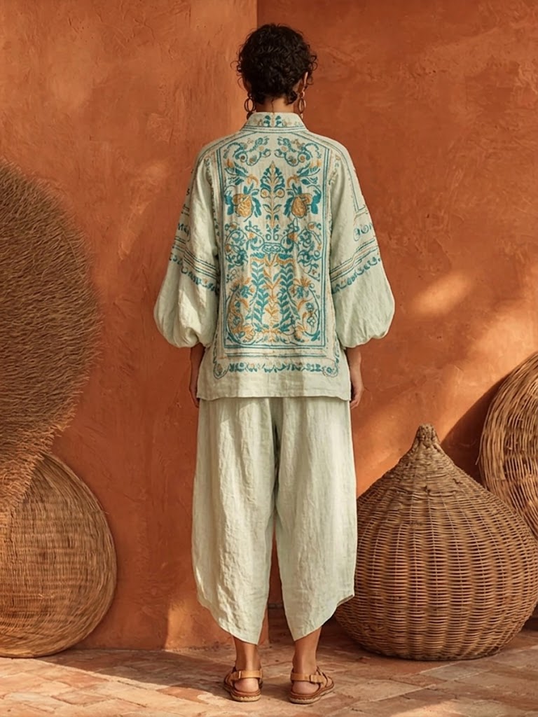 Bohemian Floral Print Linen And Cotton Two-piece Top And Pants Set