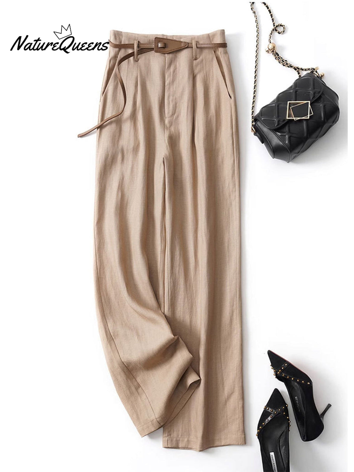 Women's Jacquard PatternTencel and Linen Wide-leg Casual Pants（Belt Included）