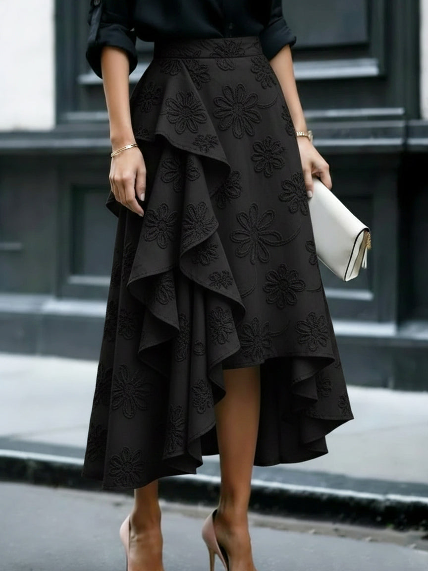 Elegant Romantic Ruffled Hem Floral Embroidery Skirt