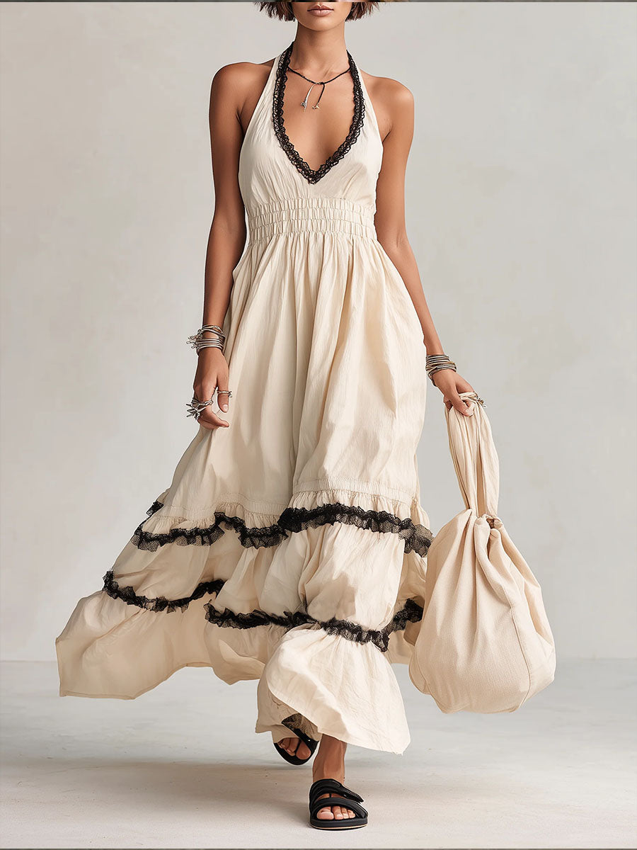 Women's Halter-neck V-neck Long Dress With Lace Splicing
