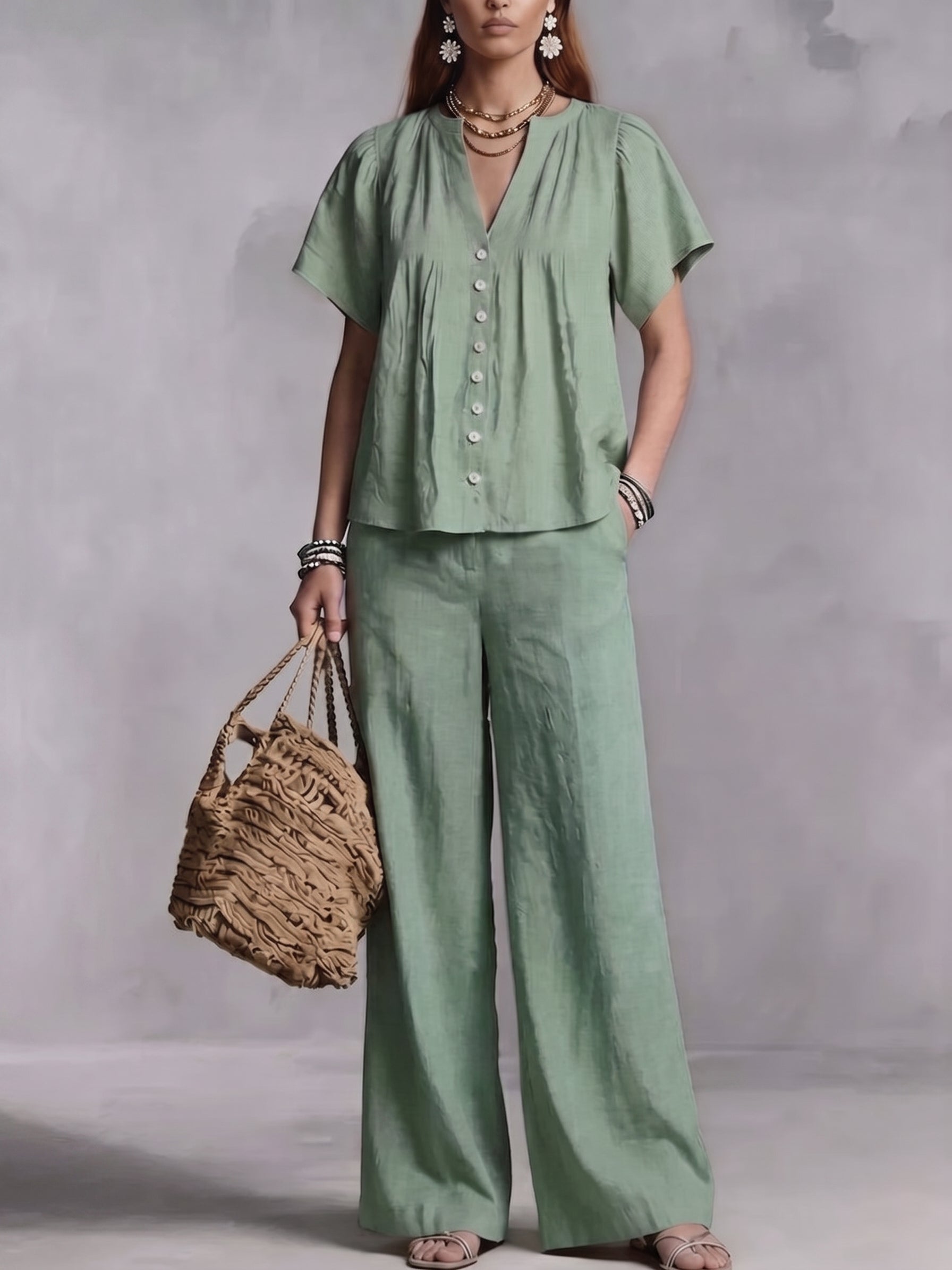 Women's Cotton-Linen V-Neck Casual Set for Beach Vacations