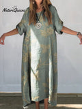 Women's Retro Floral Print Linen Cotton Buttons Dress