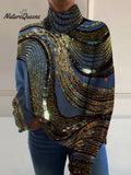 Luxurious Flowing Bead Art Print Knit Turtleneck Pullover Sweater