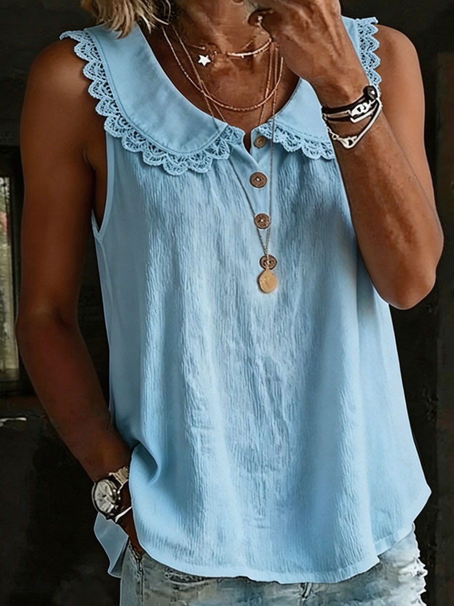 Women's Solid-color Sleeveless Shirt — Turn-down Collar, Lace Trim, Button-front
