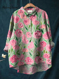 Vintage Lovely Floral Art Print Casual Cotton And Linen Shirt