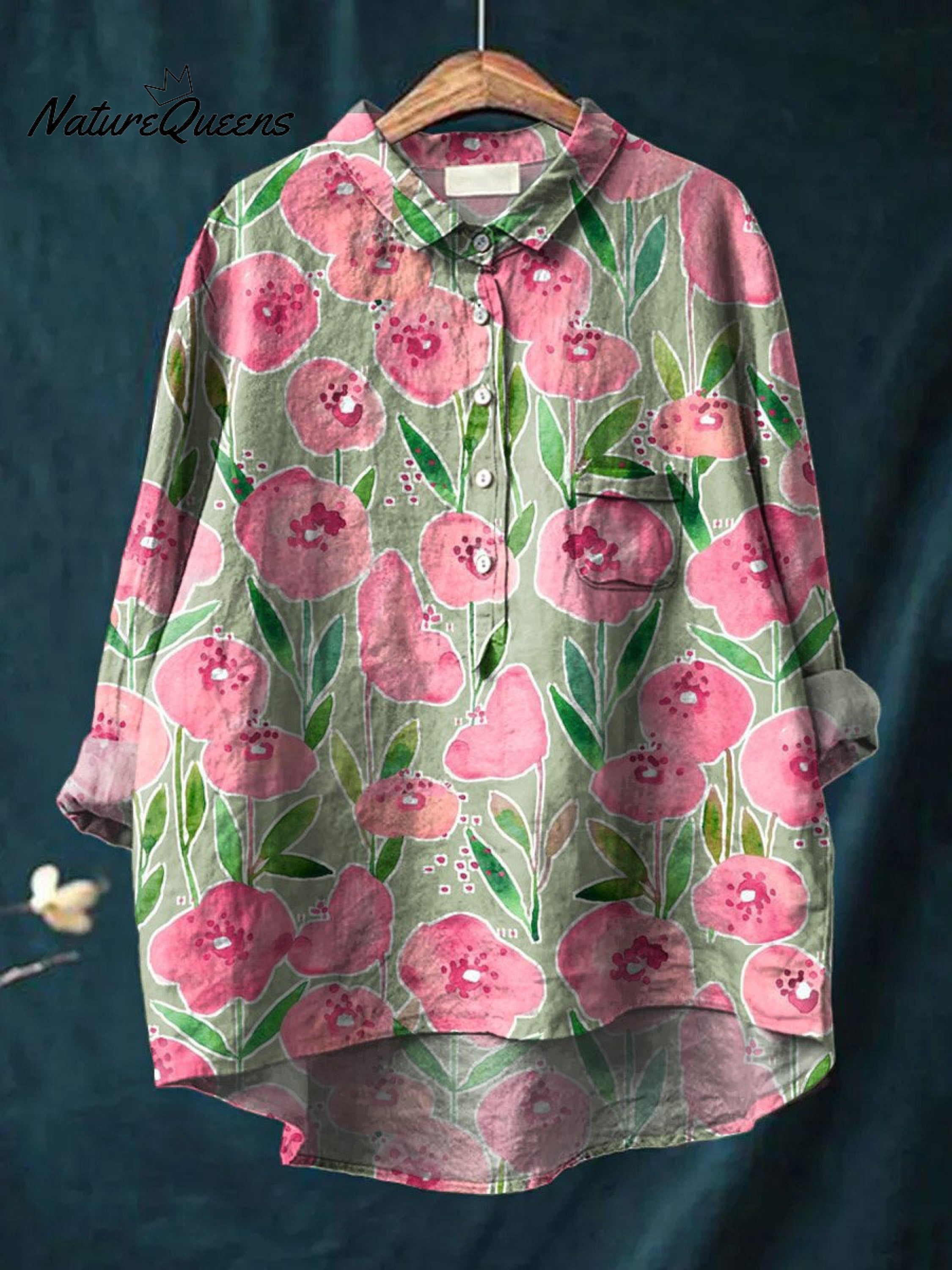 Vintage Lovely Floral Art Print Casual Cotton And Linen Shirt