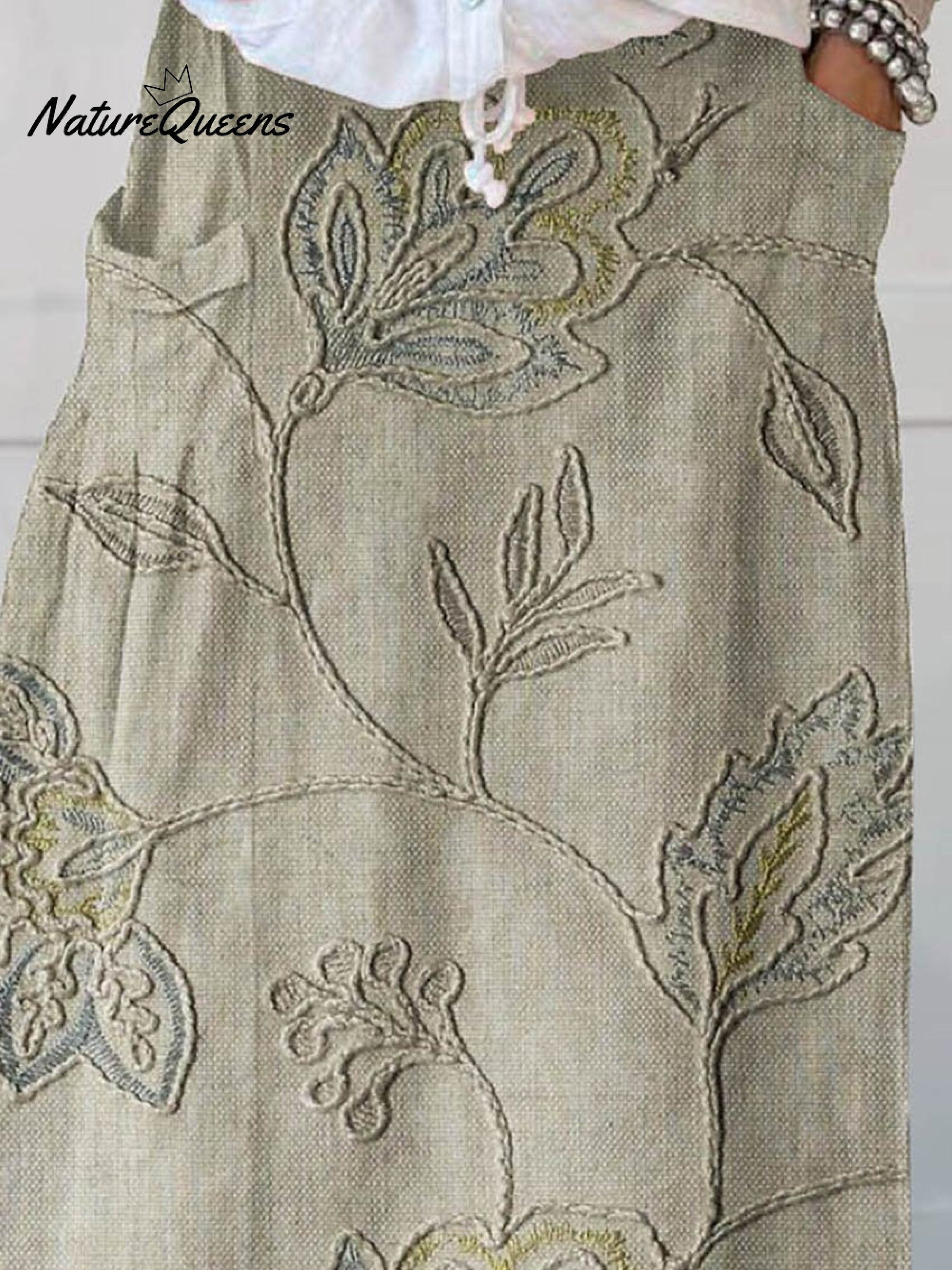 Women's Flowers And Leaves Art Pattern Print Linen Pocket Skirt