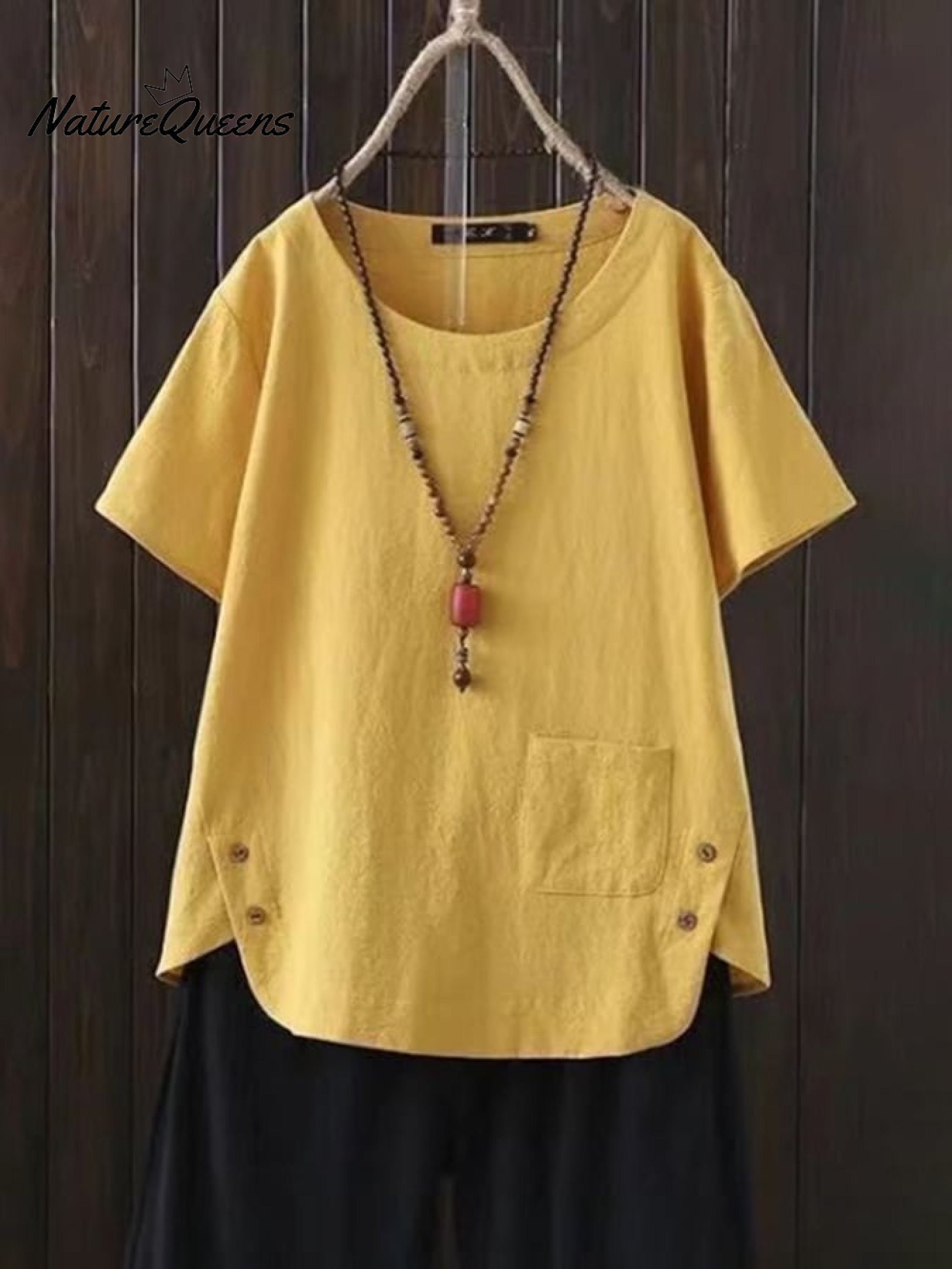 Women'S Solid Color Cotton And Linen Round Neck Button Short Sleeve Irregular Slit At Hem Button Blouse