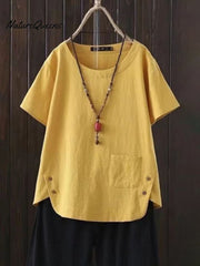 Women'S Solid Color Cotton And Linen Round Neck Button Short Sleeve Irregular Slit At Hem Button Blouse