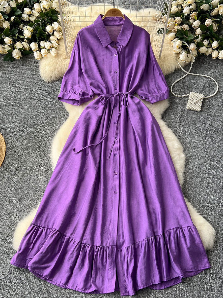Women's Polo Collar Half Sleeves Single-breasted Waist-cinching Ruffles Midi Dress