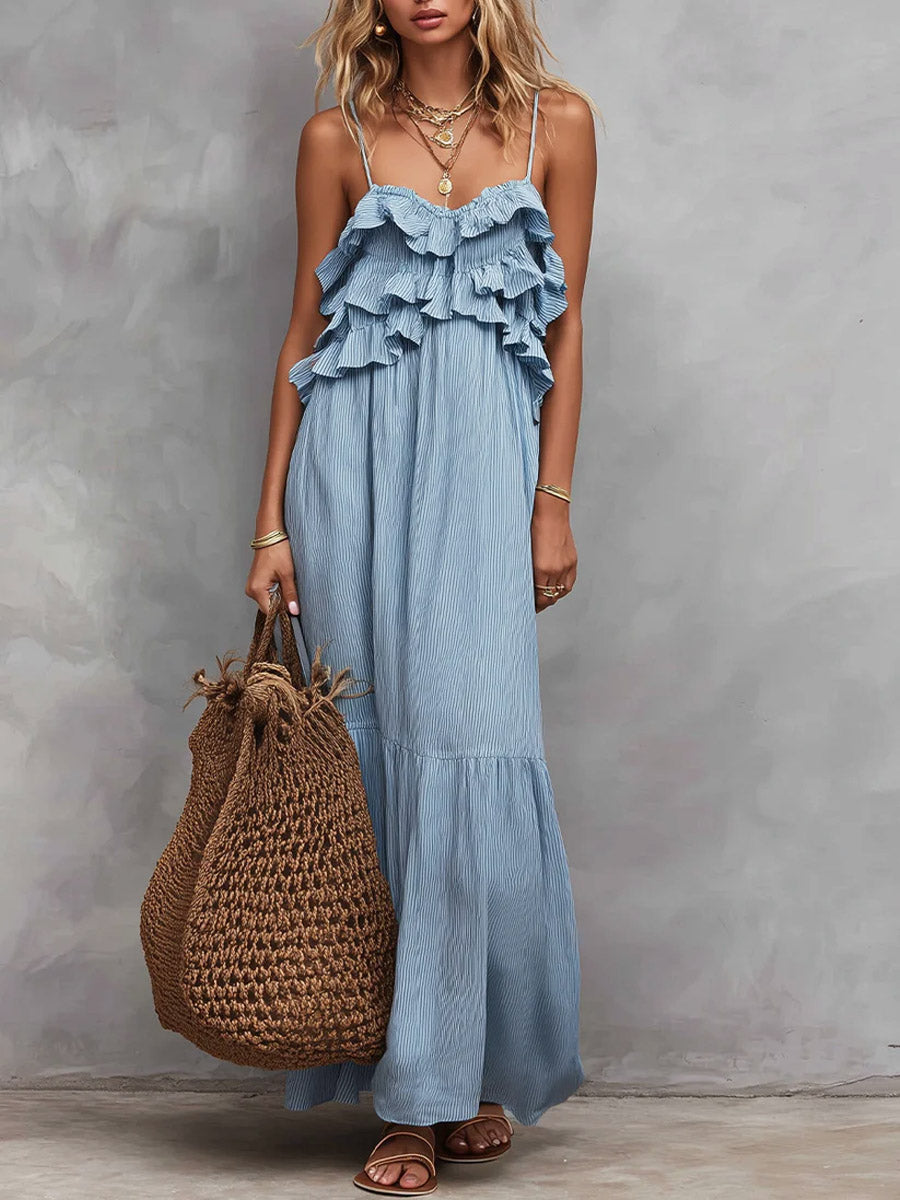 Women's Stripe Ruffled Art Casual Stylish Comfortable Cotton Linen Dress