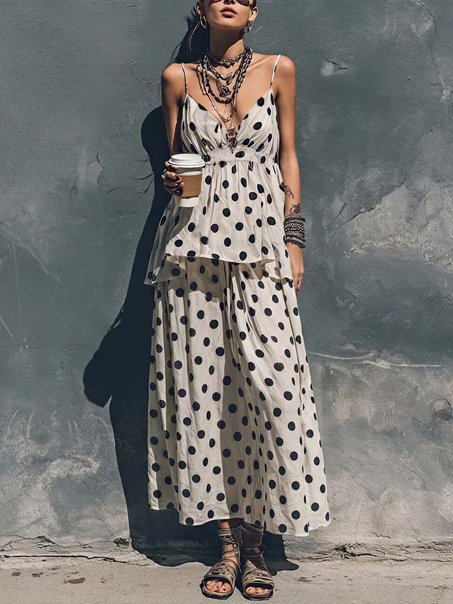 Women's Polka Dot Print Cotton-linen Set: V-neck Sleeveless Loose-fit Camisole & High-waisted A-line Skirt