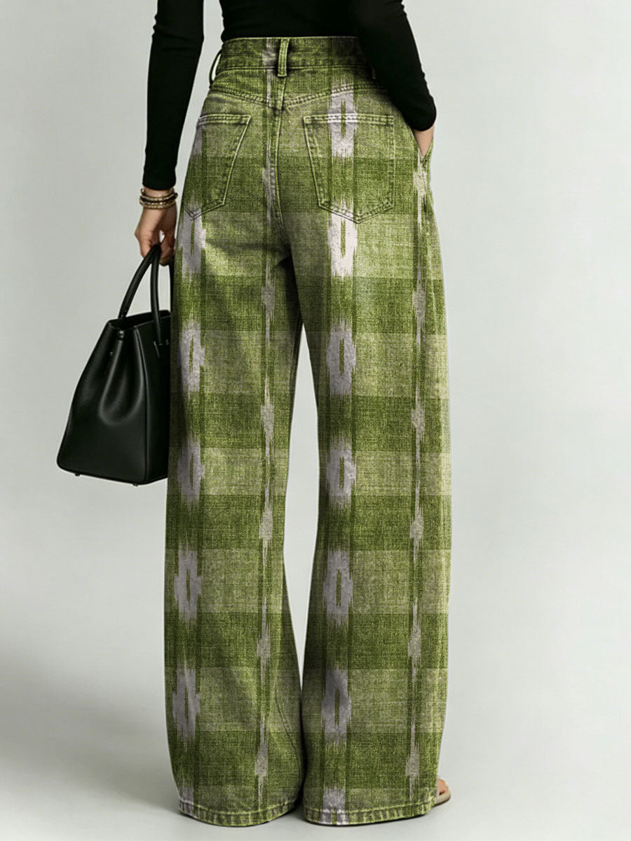 Women's Retro Geometric Patterns Printed Stylish Cutout Casual Denim Jeans