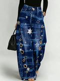 Graffiti-style Drawings And Star Decorative Patterns Women's Casual Cotton Denim Pants