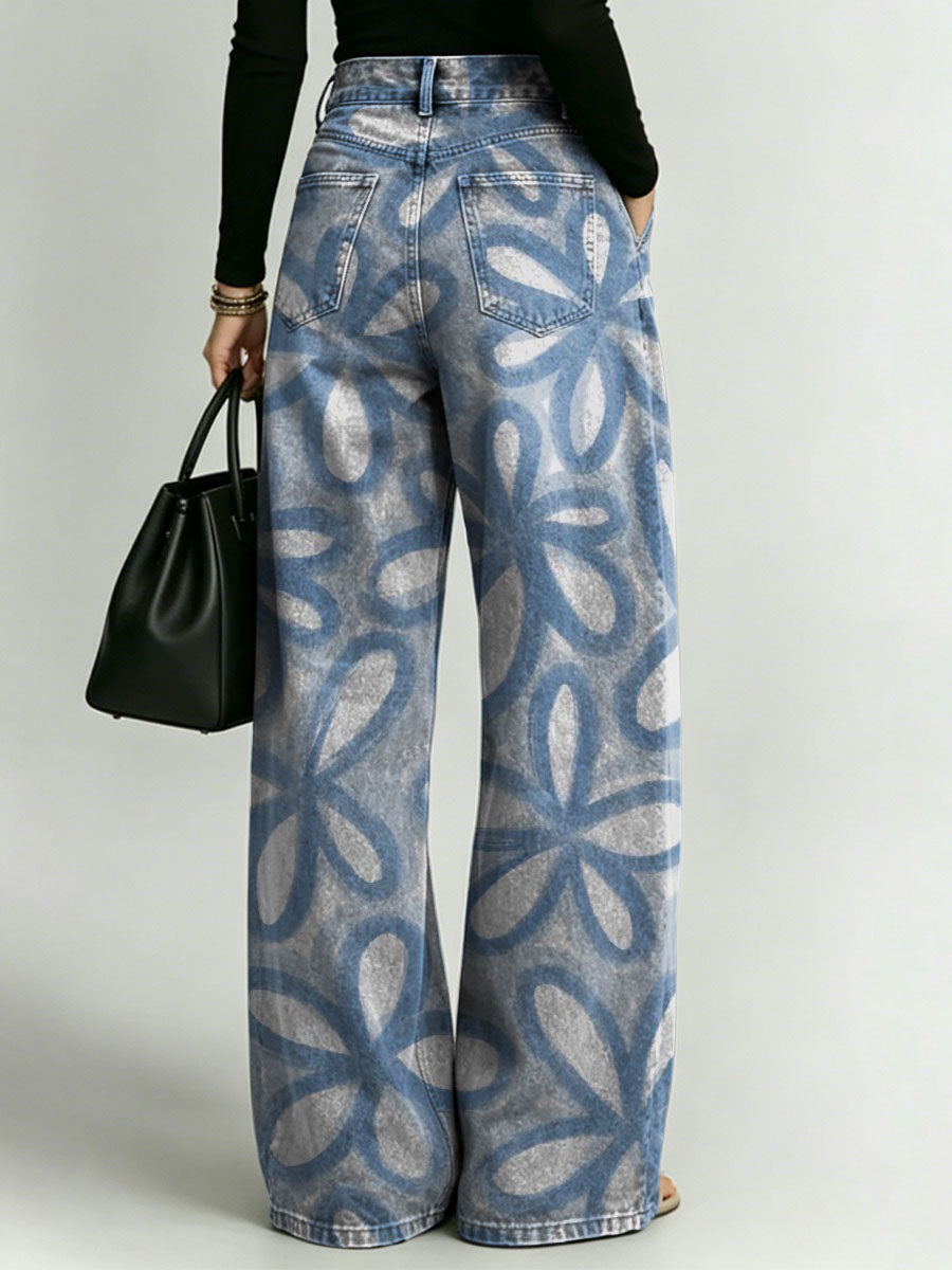 Women's Retro Pattern Printed Stylish Cutout Casual Denim Jeans