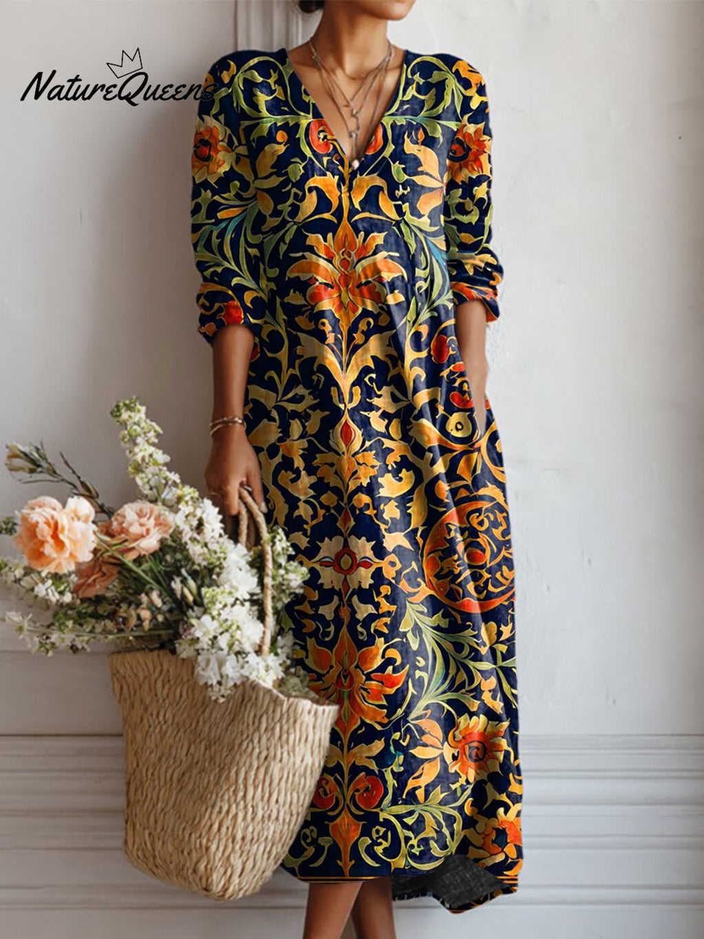 Women's Vintage Flower Art Print Linen Pocket Tunic Dress