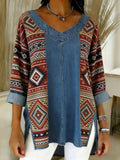Women's vintage ethnic print casual denim shirt
