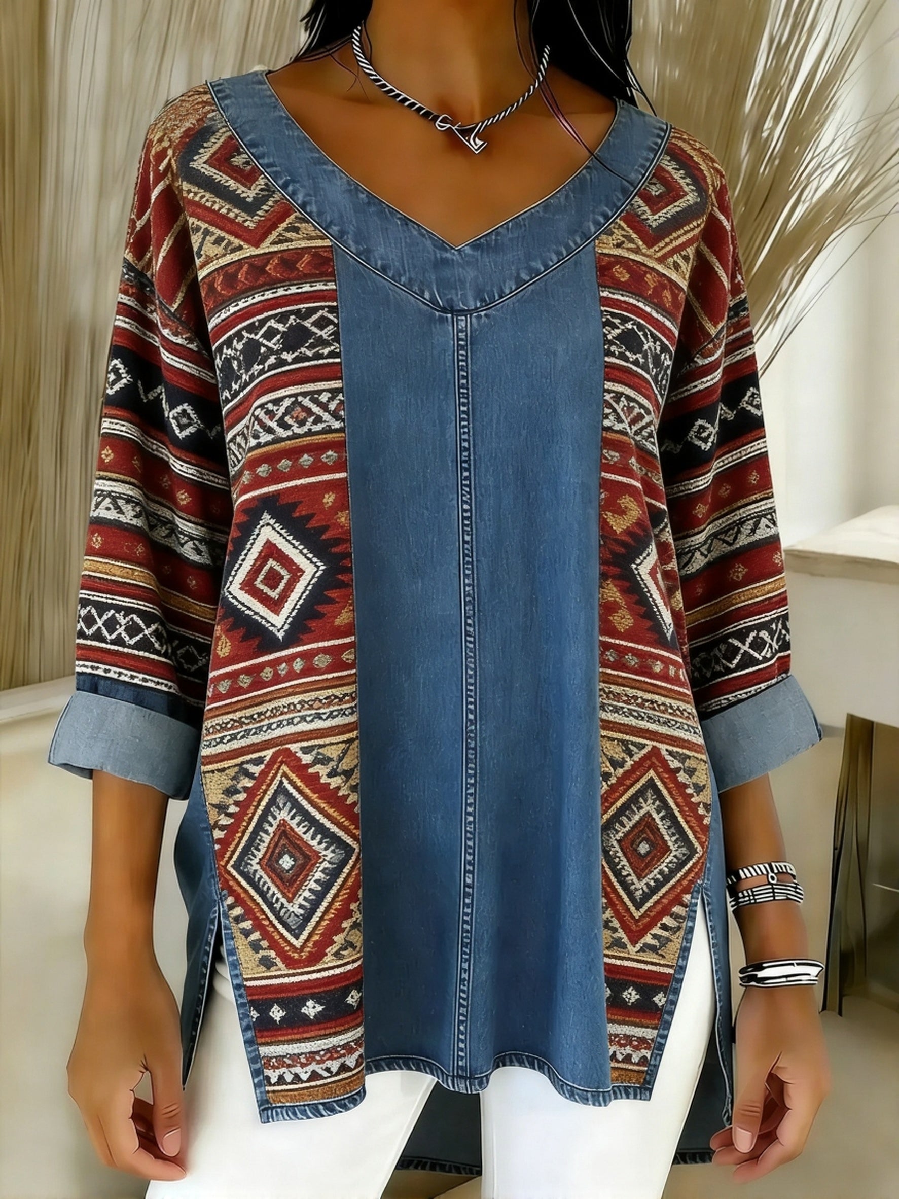Women's vintage ethnic print casual denim shirt