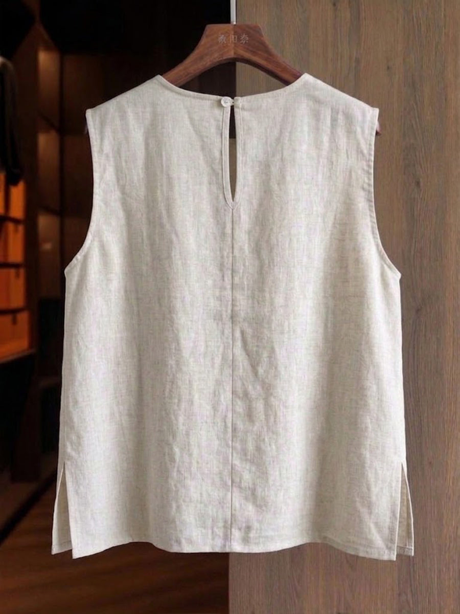 Casual Embroidered Linen And Cotton Sleeveless Top
