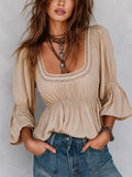 Casual Cotton-linen Top With Lace Trim