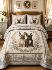 Blue Vintage French Bulldog Pair Floral 3‐Piece Quilted Bedding Set