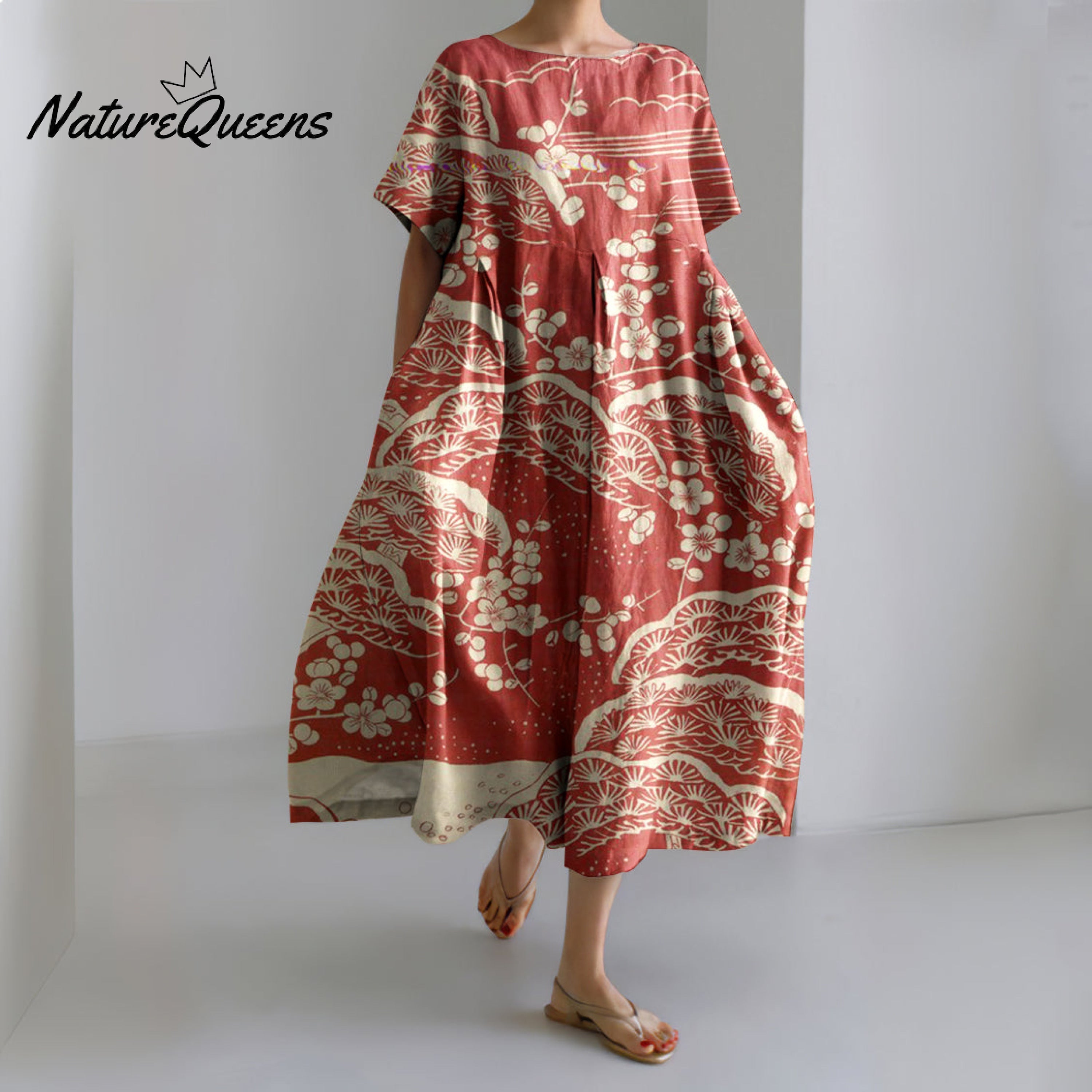 Japanese Art Plum Blossom Printed Crew Neck Casual Midi Dress