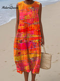 Women's Vintage Abstract GeometryArt Print Sleeveless Cotton Pocket Wrap Dress