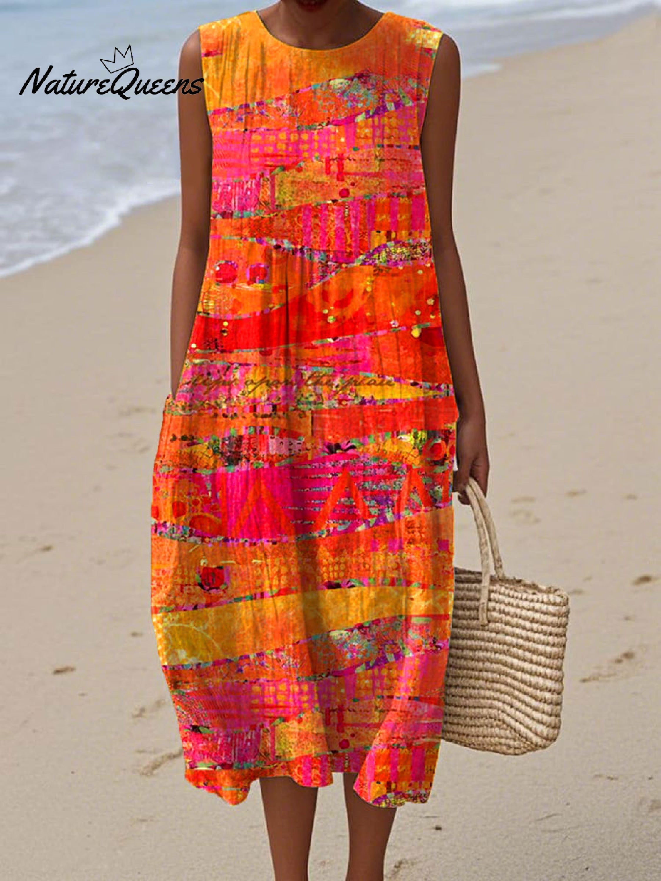 Women's Vintage Abstract GeometryArt Print Sleeveless Cotton Pocket Wrap Dress