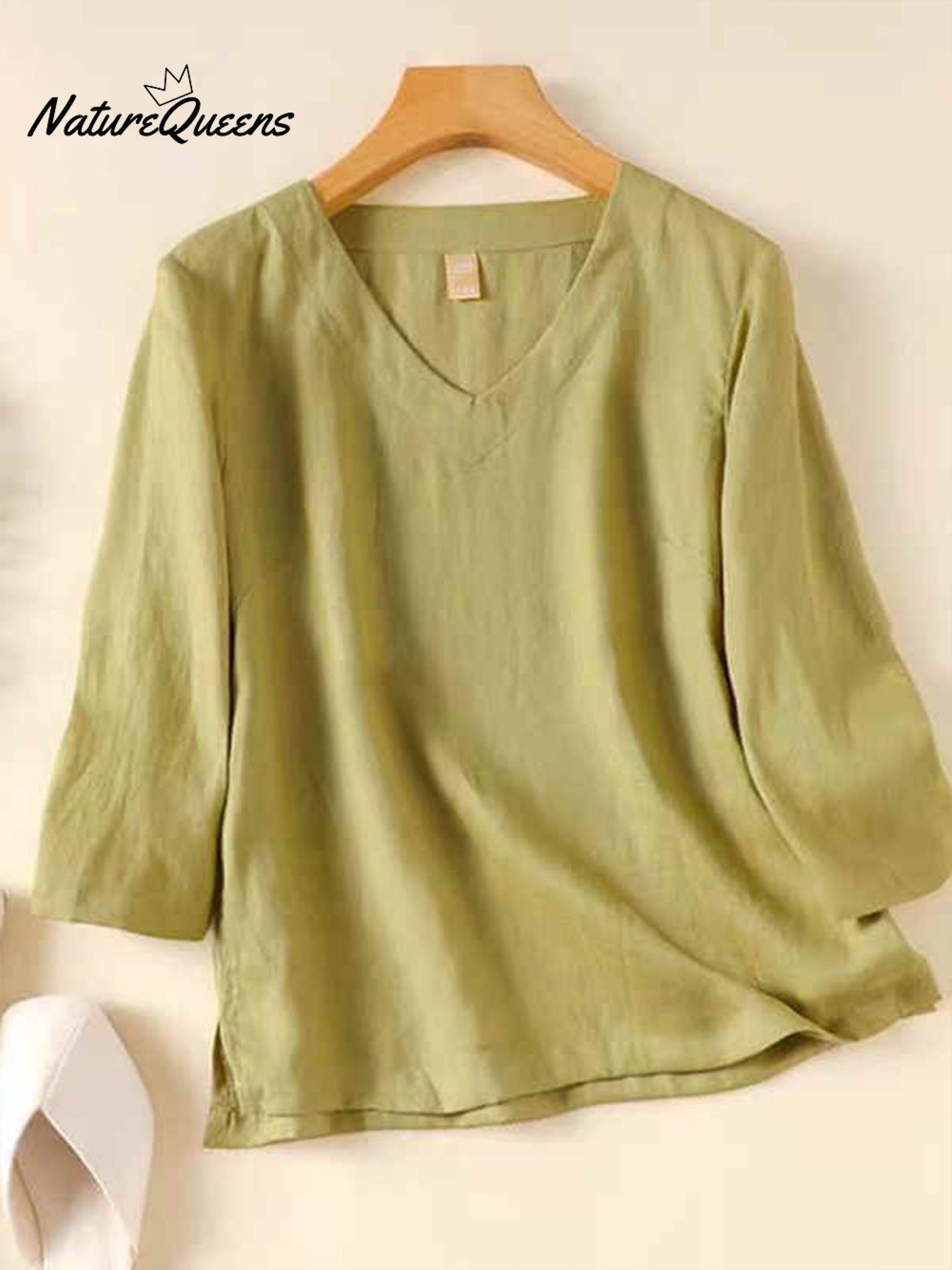 Women's V Neck Cotton and Linen Shirt