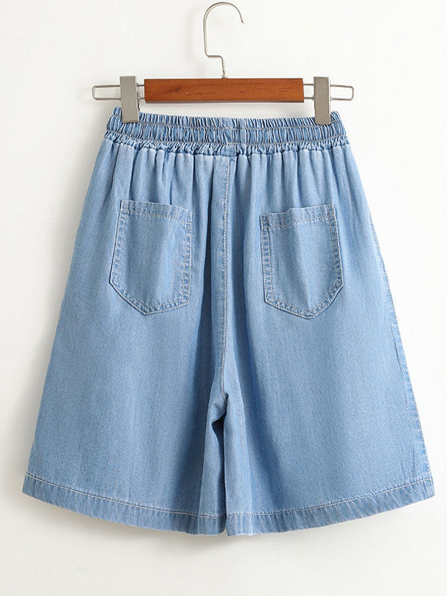 Washed Tencel Denim Wide-leg Mid-length Shorts With Elastic Drawstring Waist