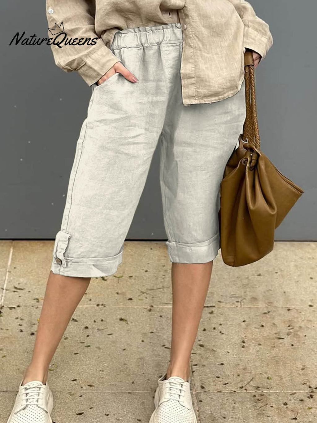 Women's Solid Elastic Waist Casual Linen Capri Pants