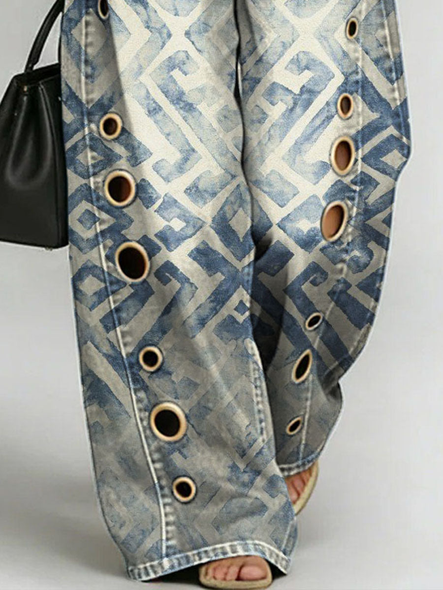 Women's Retro Geometry Print Casual Fashion Cutout Jeans