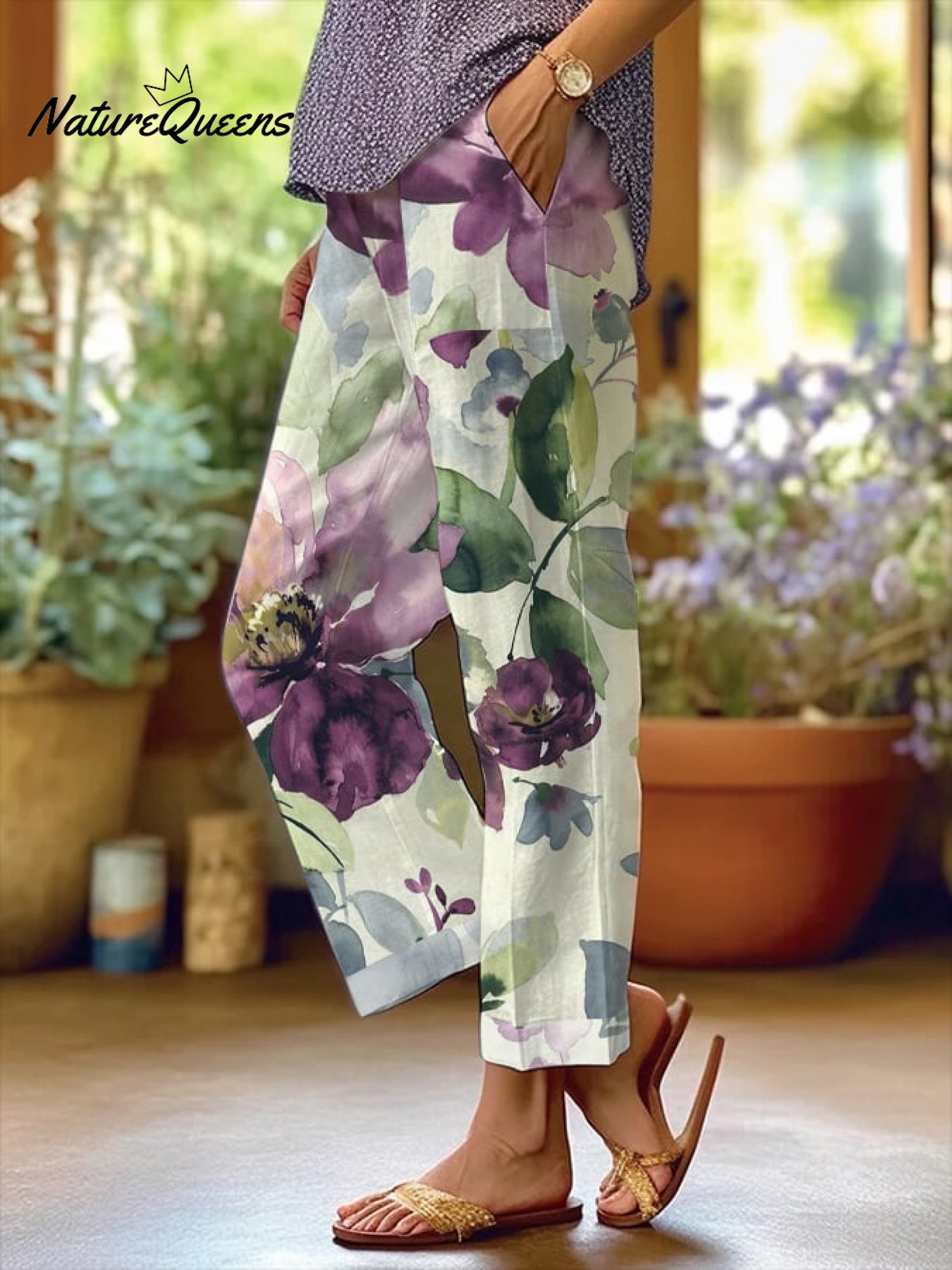 Women's Botanical Floral Design Loose Pocket Patchwork Casual Pants