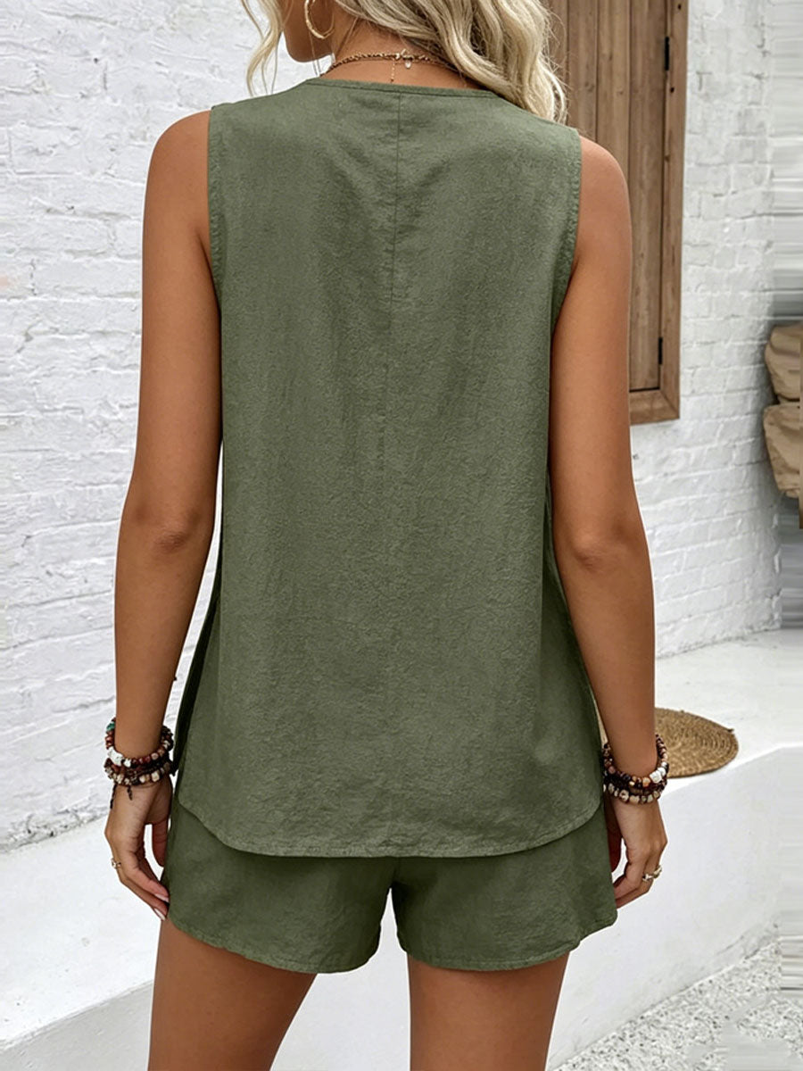Women's Casual Solid-color Cotton-linen Cardigan Vest And Shorts Set