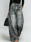 Abstract Geometric Print, Perforated Metal Detail, Draped Wide-leg Jeans