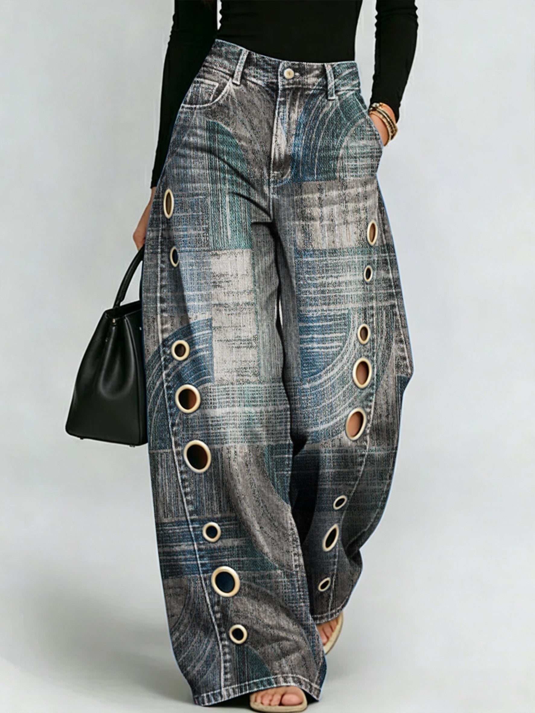 Abstract Geometric Print, Perforated Metal Detail, Draped Wide-leg Jeans
