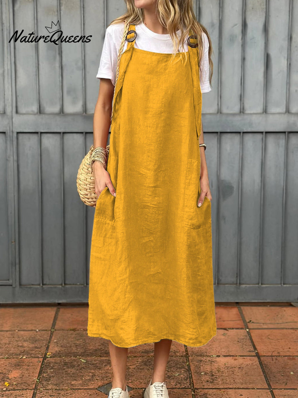Women's Adjustable Shoulder Strap Pocket Cotton and Linen Dress