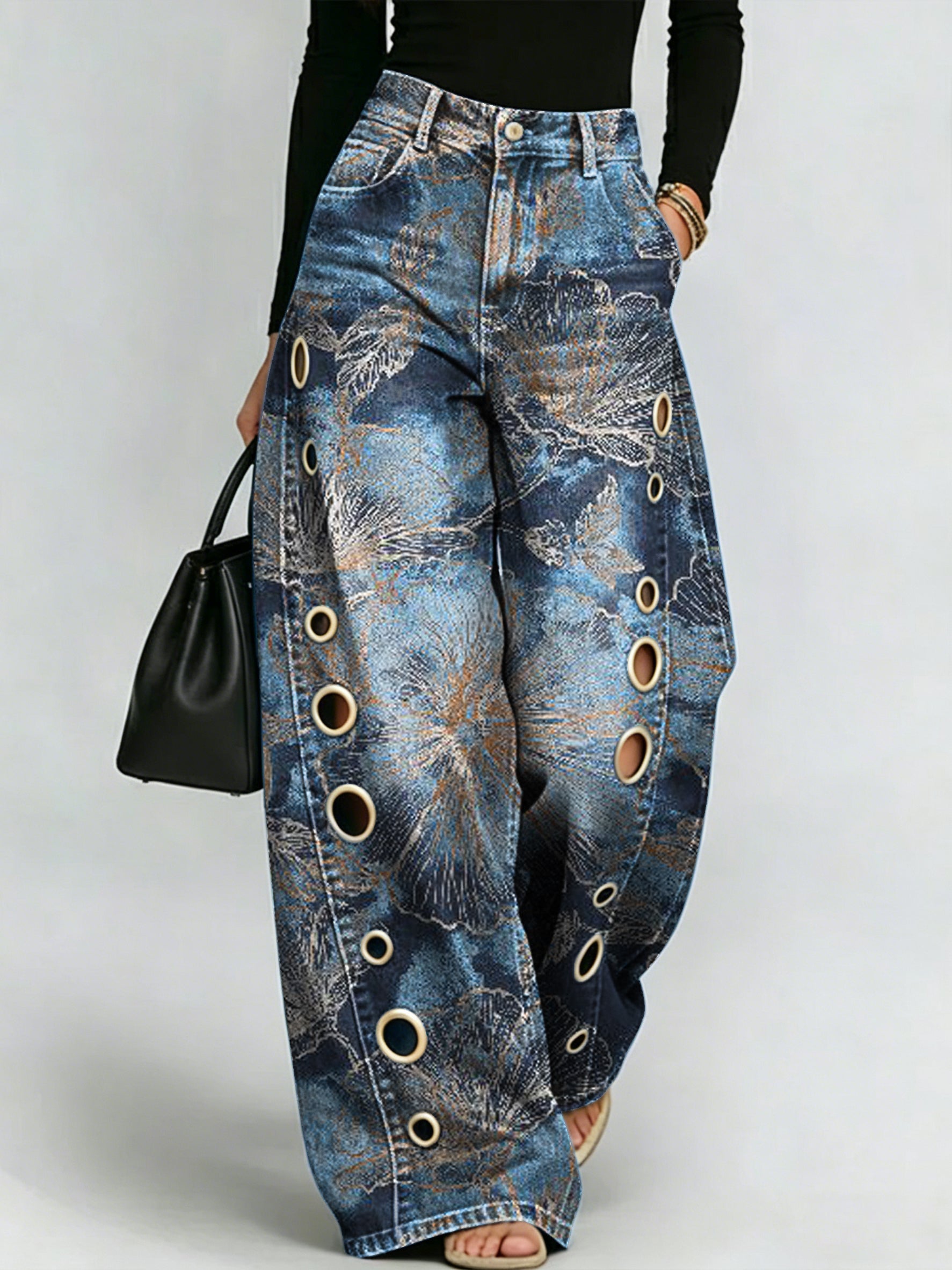 Printed Curved-leg Jeans With Metal Ring Accents