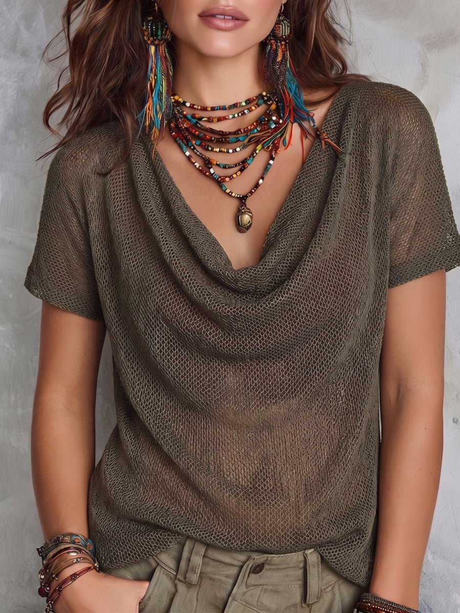 Boho Sexy Cowl-neck Cutout Off-shoulder Knit Top