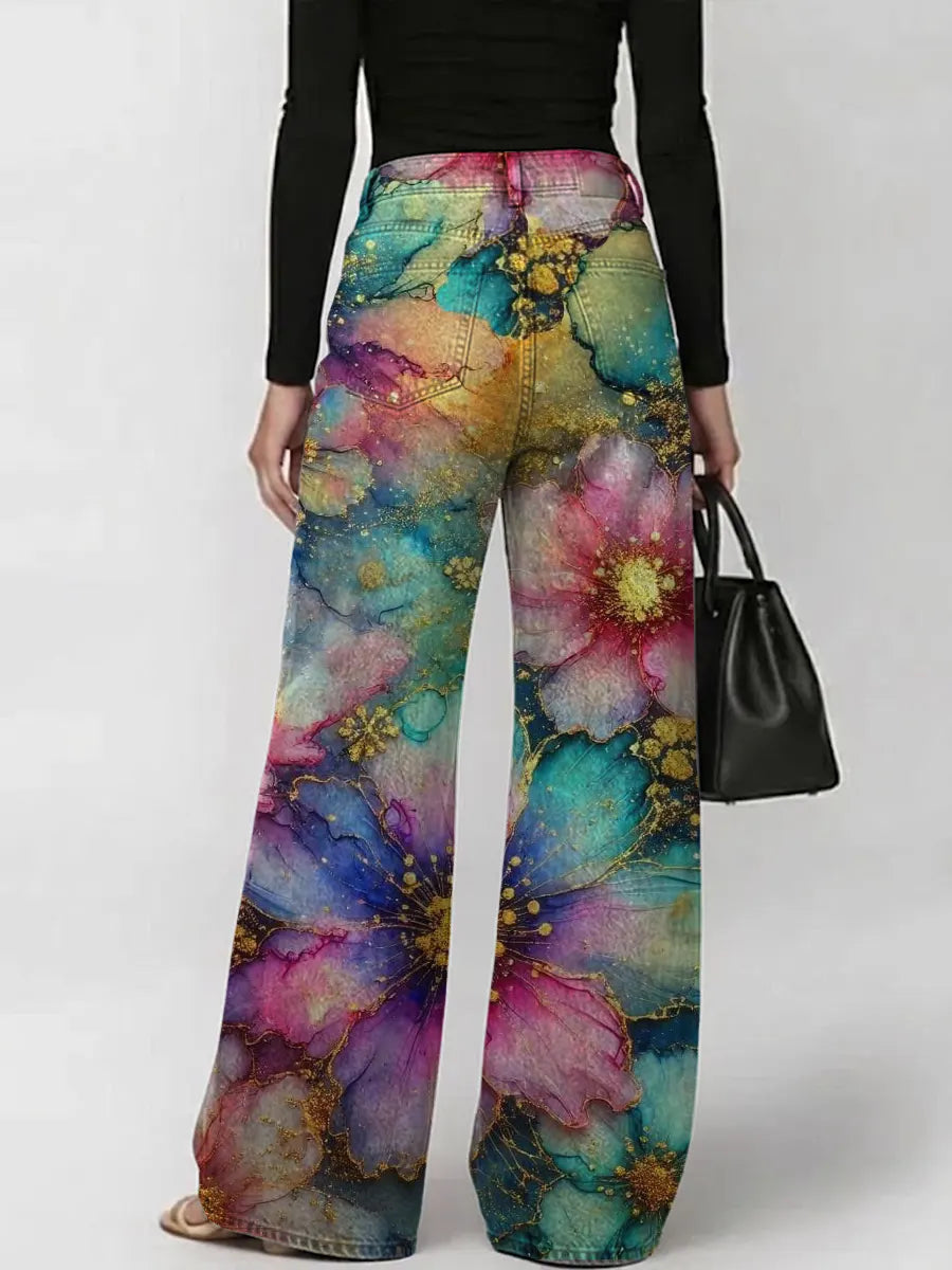 Women's Vintage Colorful Flowers Art Print Casual Fashion Cutout Jeans
