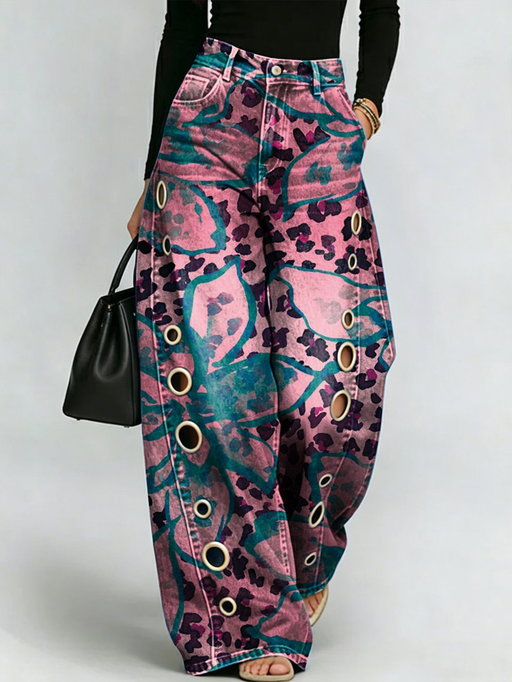 Retro Distressed Leopard & Floral Tie-dye Print Wide-leg Pants | High-waisted, Slimming Straight-leg Jeans With Side Slits