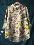 Vintage Lovely Birds Floral Art Print Casual Cotton And Linen Shirt