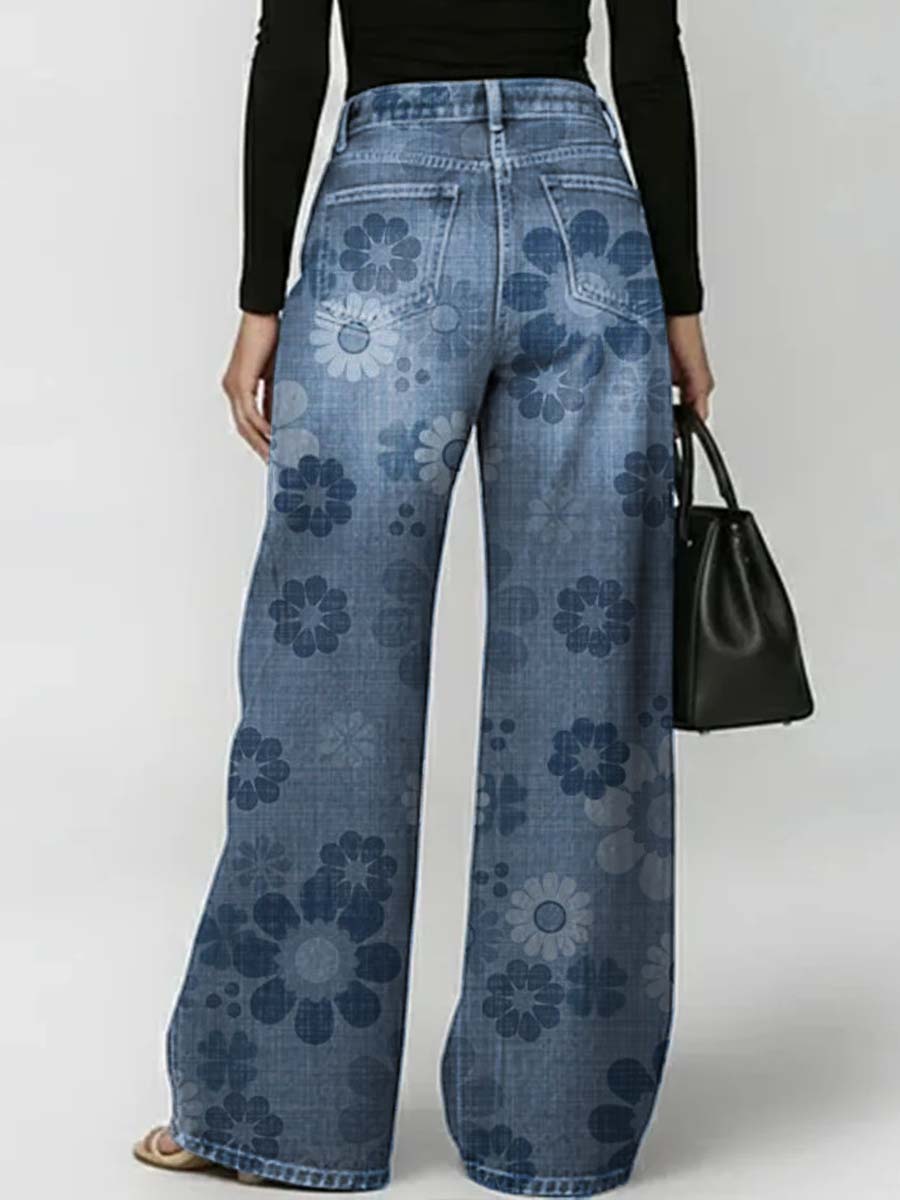 Women's Retro Floral Art Print Casual Stylish Hollow Denim Pants