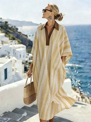 Women'S Casual Loose Striped Cotton And Linen Dress