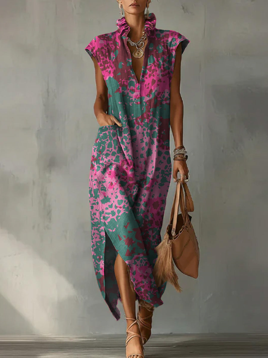 Casual Loose-fit Cotton-linen Dress With Cap Sleeves And Retro Contrast Leopard Print