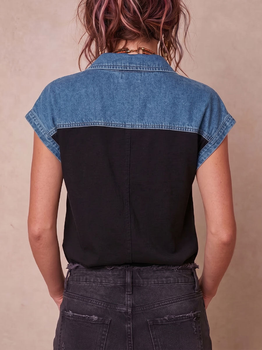 Women's Short-sleeve Casual Loose Top With Shirt Collar And Denim Splicing