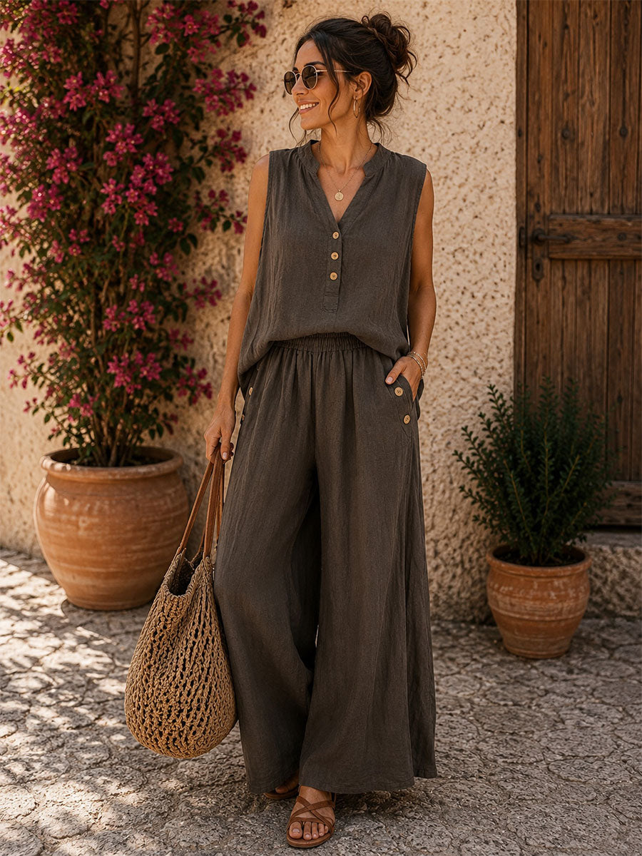 Women's Minimalist-style Comfortable Stand-collar Cotton-linen Sleeveless Shirt