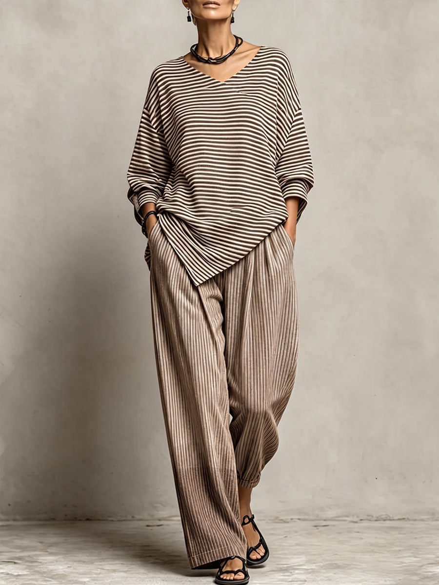 Women's Striped Print V-neck Long-sleeve Casual Loose Cotton-linen Top & High-waisted Wide-leg Pants Set