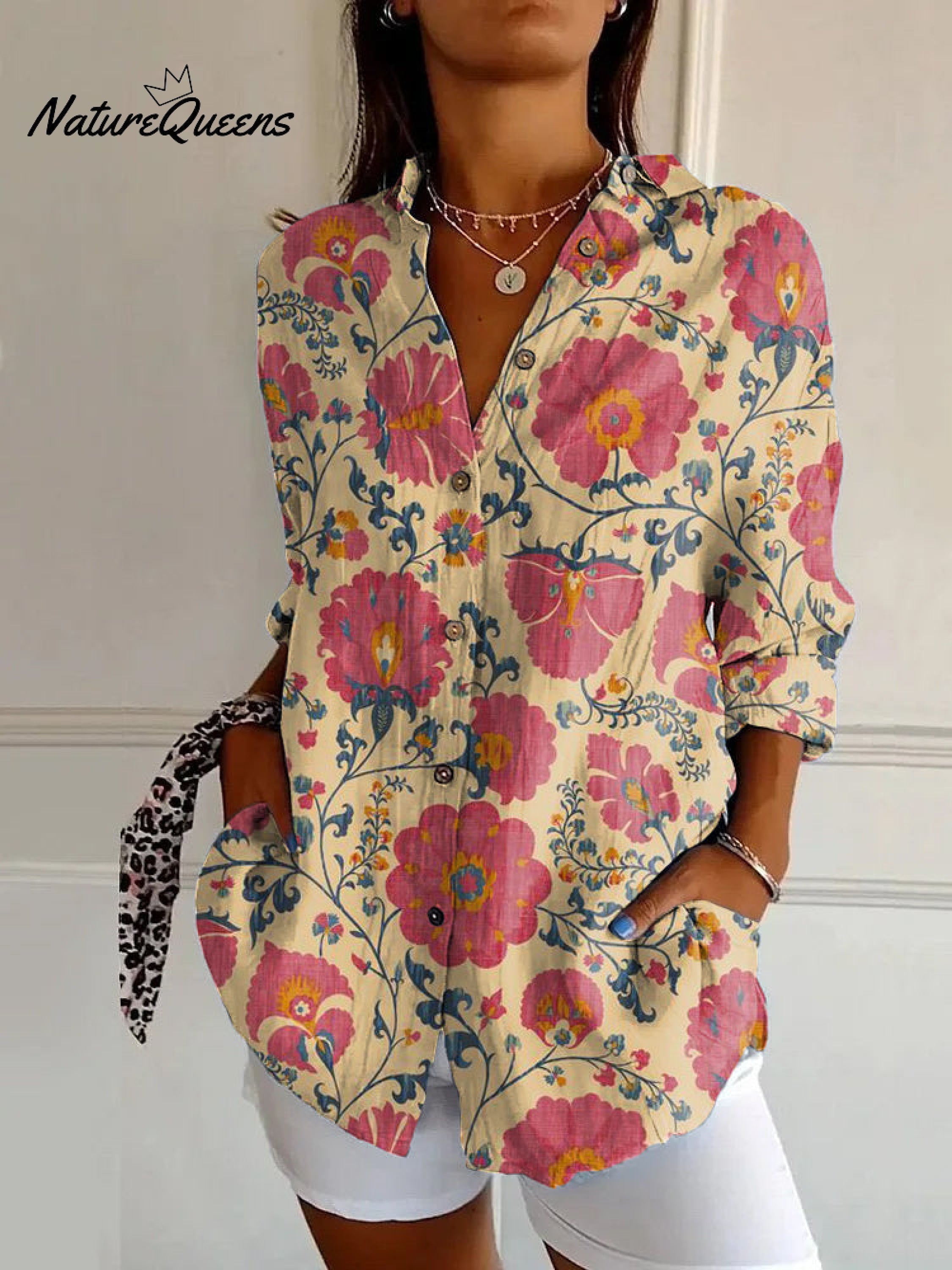 Vintage Ethnic Floral Print Casual Long Sleeve Shirt
