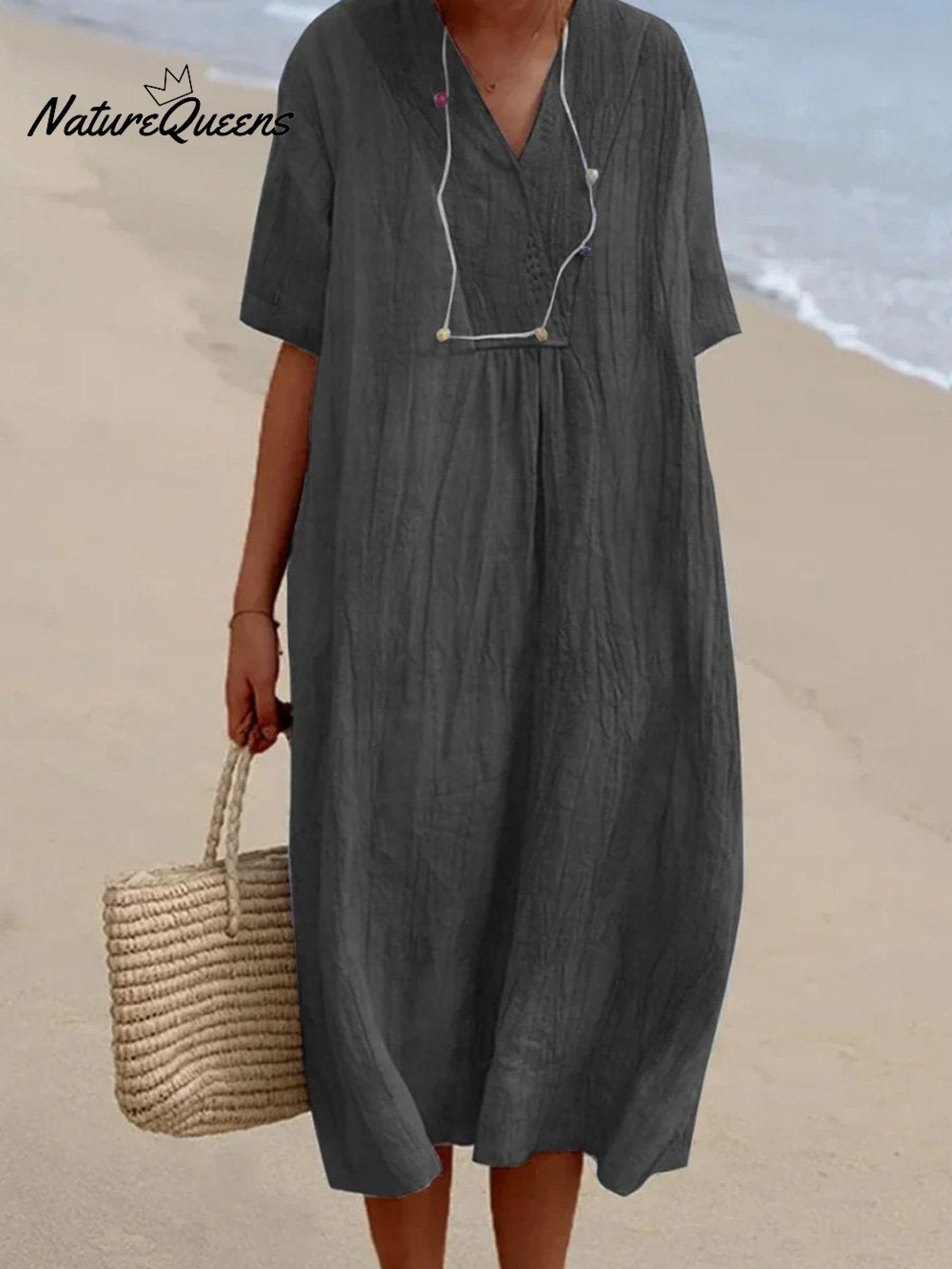 Women's Solid Color Cotton And Linen Short Sleeve Dress